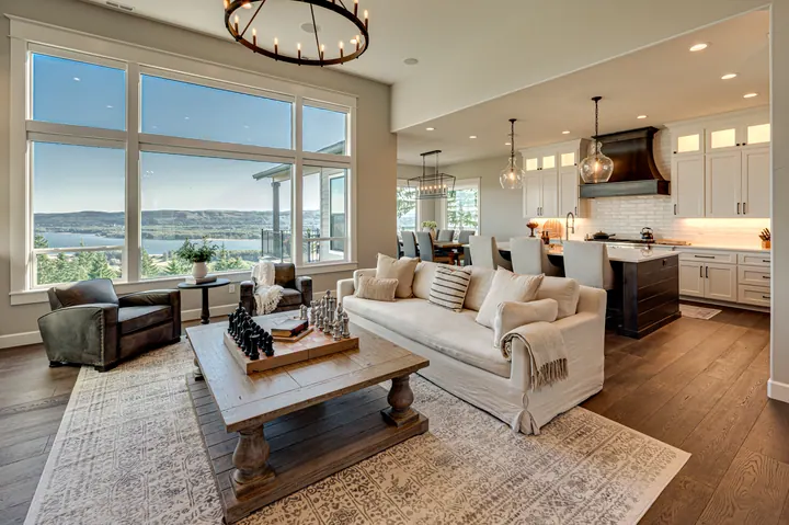 Living room with wide windows and a distant view