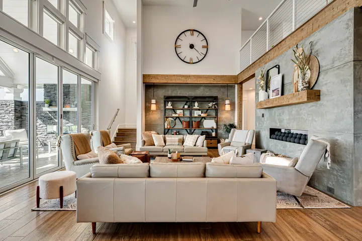 Open living room with tall windows