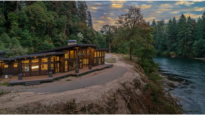 Modern home tucked into a wooded setting
