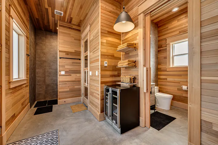Rustic interior with wood-paneled walls